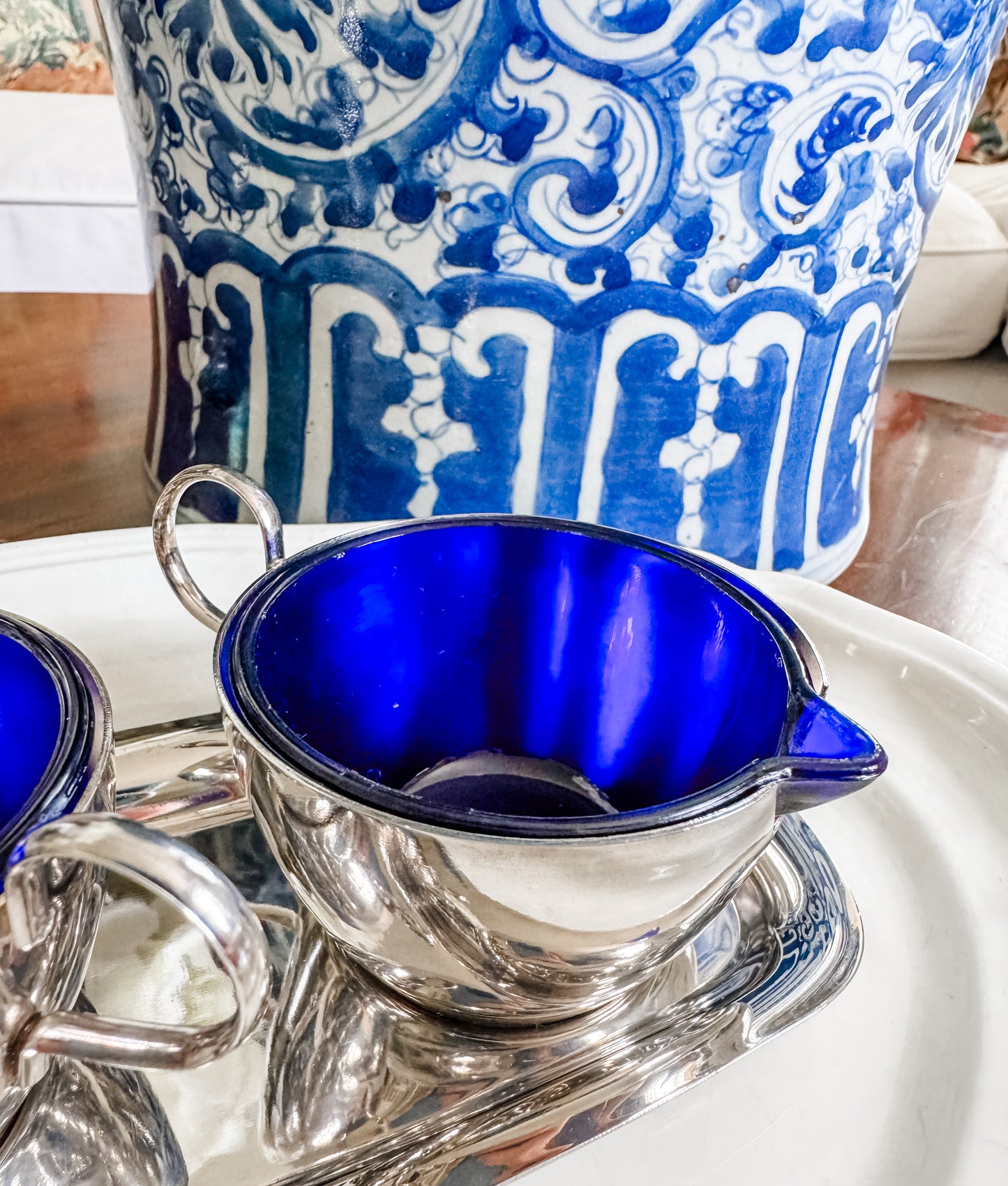Charming Sugar and Creamer on Tray with Cobalt Liners