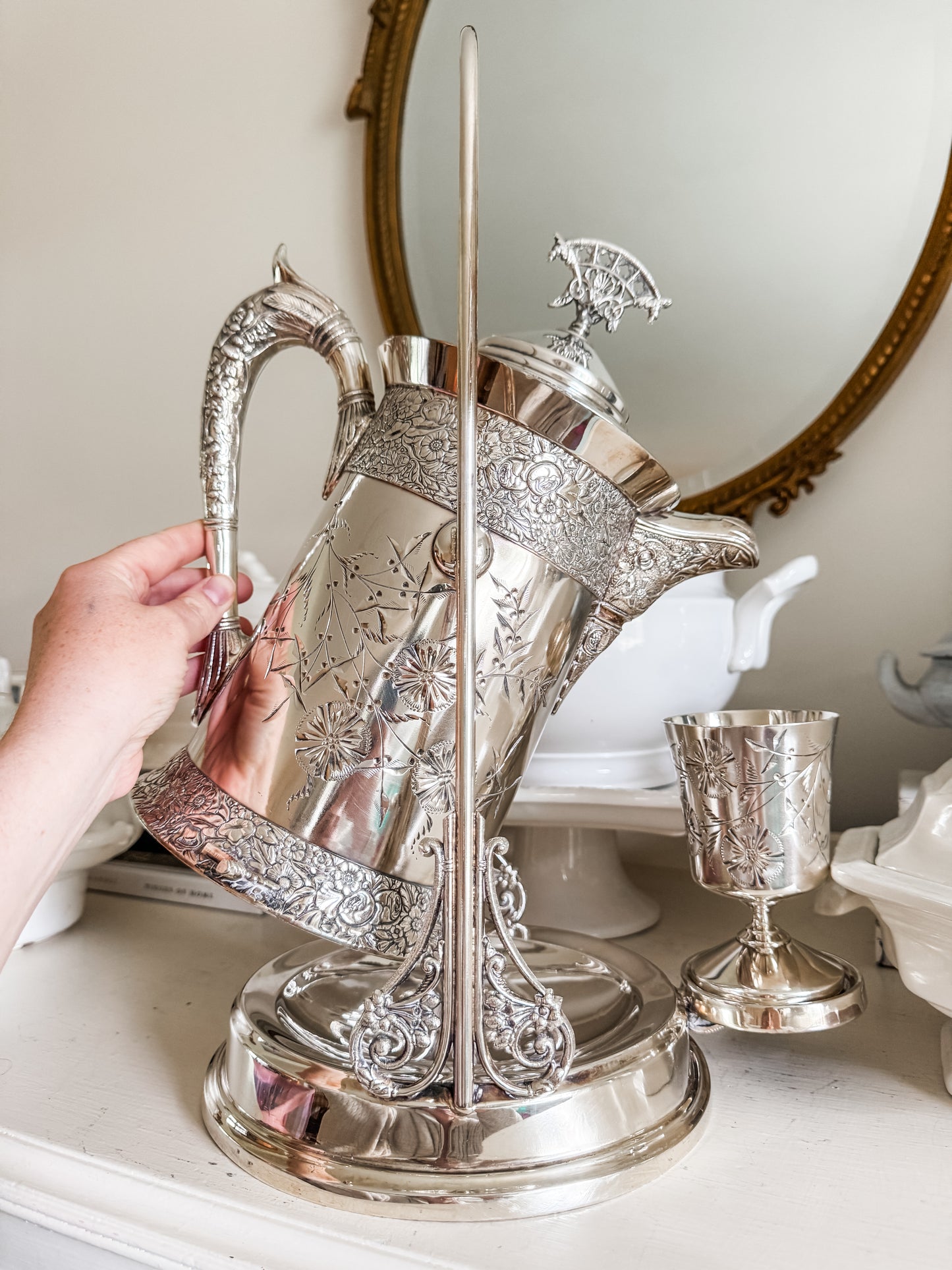 Rare Monumental Victorian C.B. Barker Quadruple Plate Water Set with Original Stand & Goblet