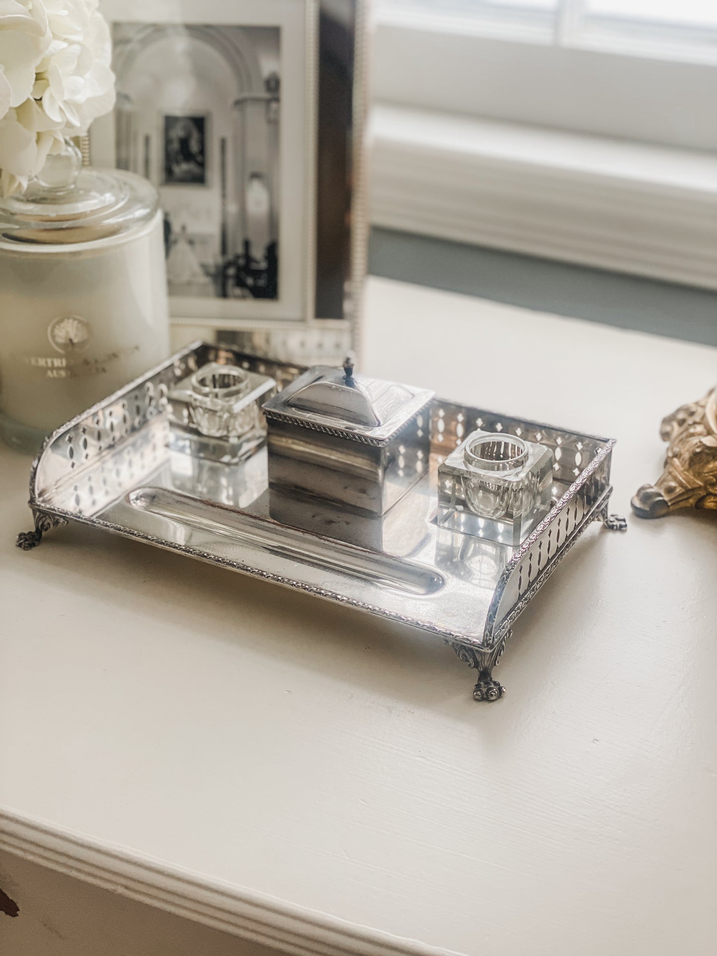 Antique Silver on Copper Desk Inkstand with Double Glass Inkwells & Paw Feet
