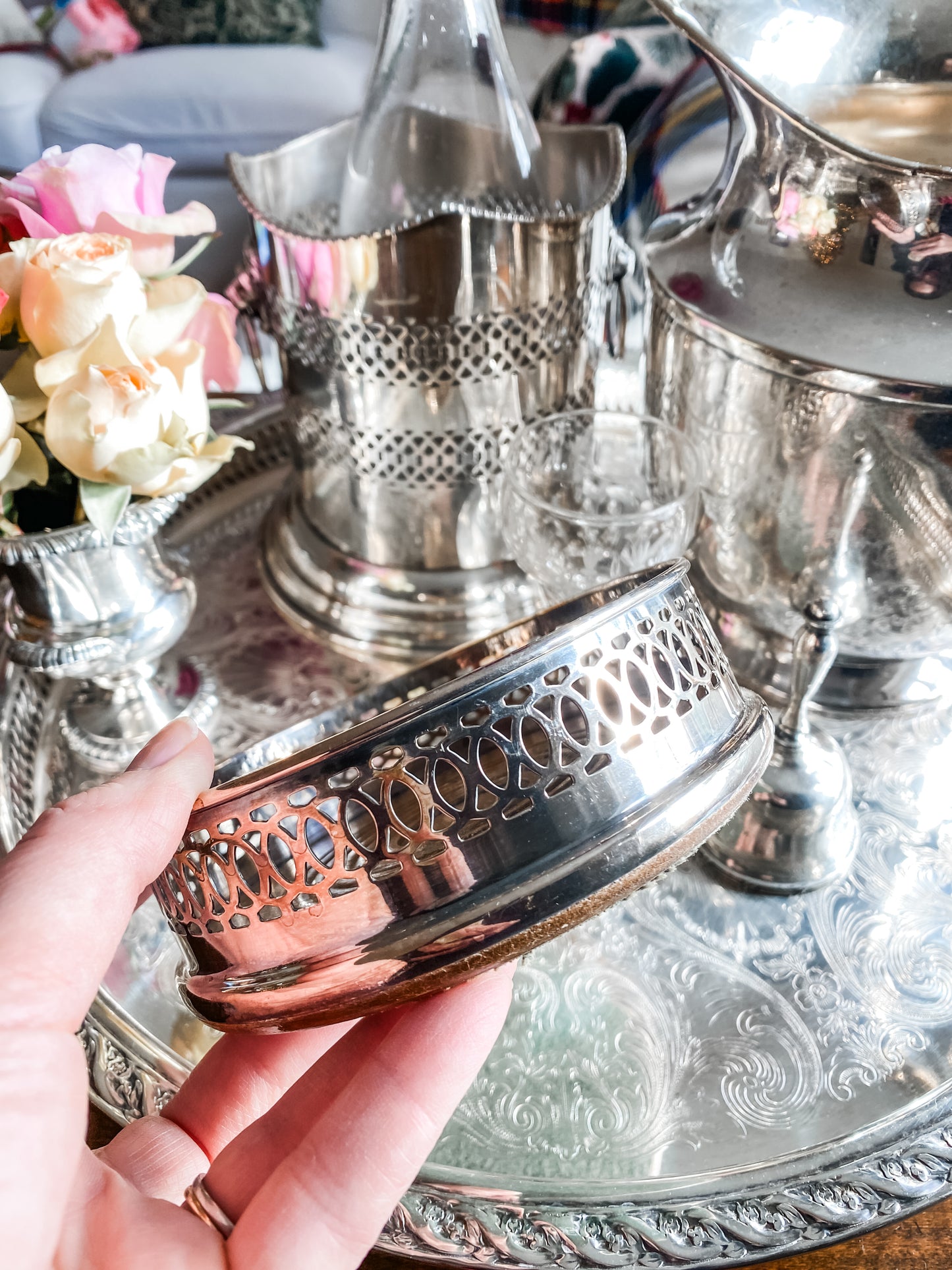 Antique Silverplate Bottle Coaster with Reticulated Gallery and Wooden Insert