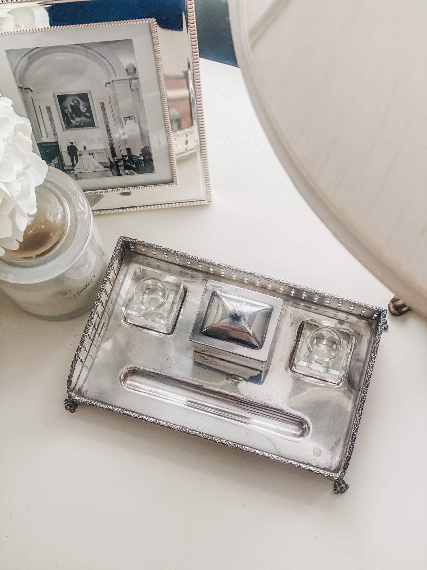 Antique Silver on Copper Desk Inkstand with Double Glass Inkwells & Paw Feet