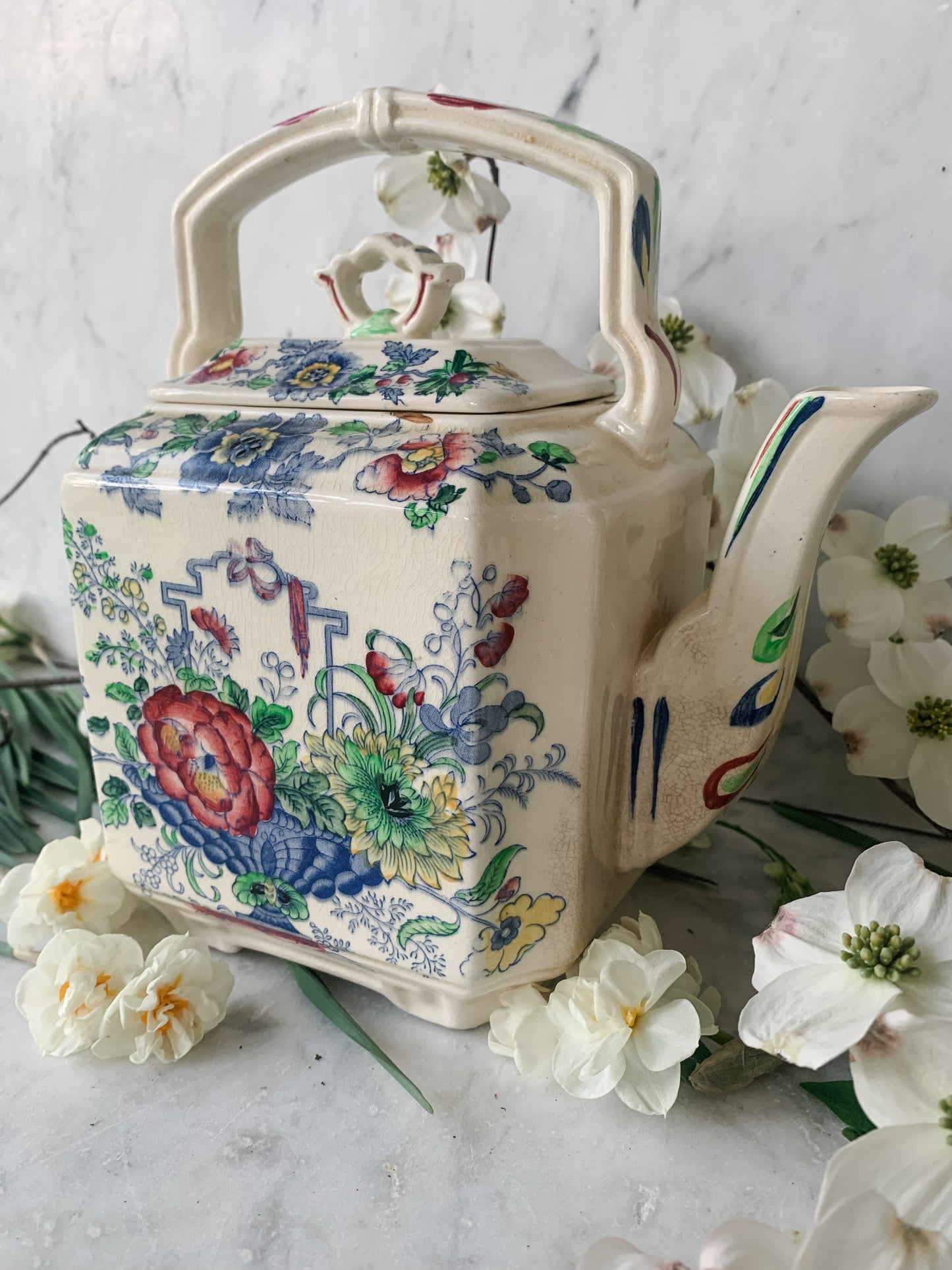 Antique Mason’s Ironstone Teapot, Hand-Painted Floral, England