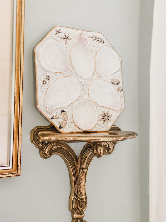 Black and Gold Antique Oyster Plate with Pink Toned Wells