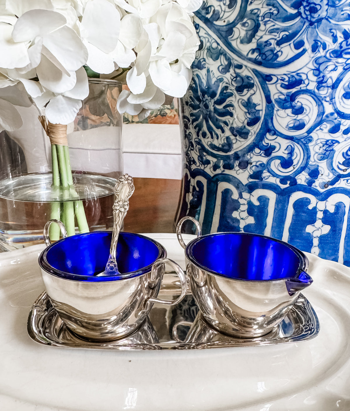 Charming Sugar and Creamer on Tray with Cobalt Liners