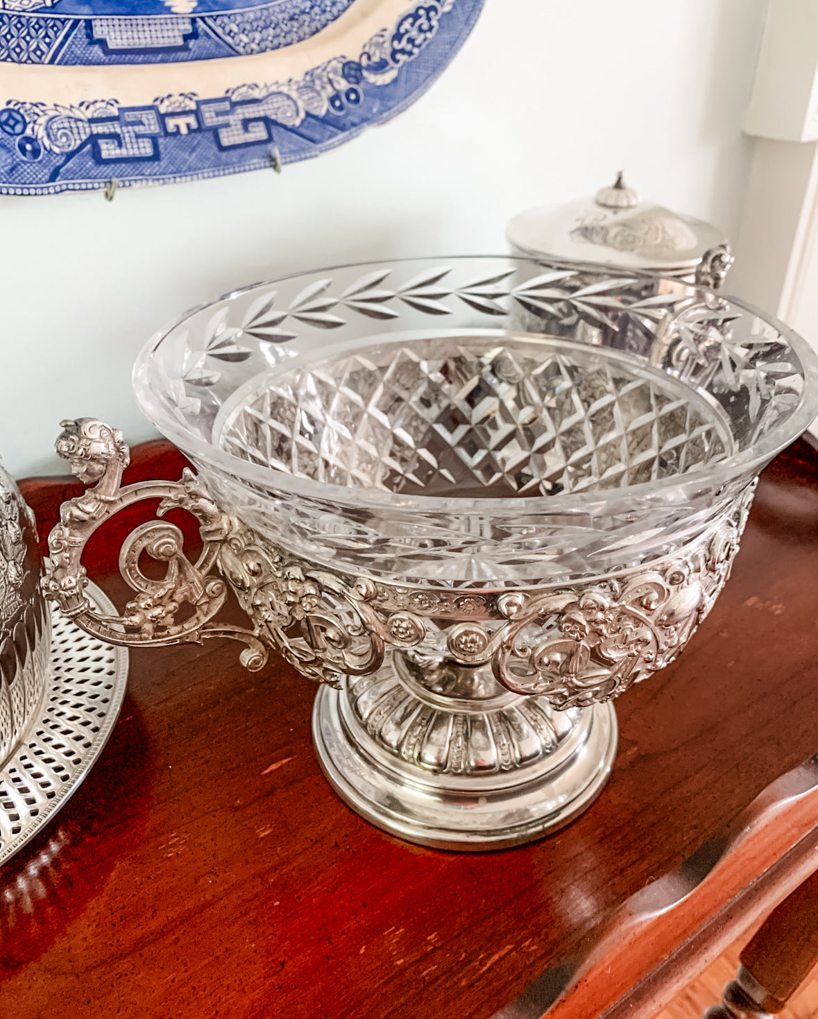 Antique WMF German Silverplate & Cut Crystal Centerpiece Bowl