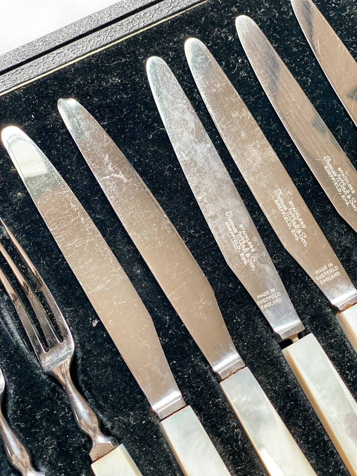 Vintage Thomas W. Cork & Son Sheffield Fruit Set in Case — Service for Six, Mother-of-Pearl Handles