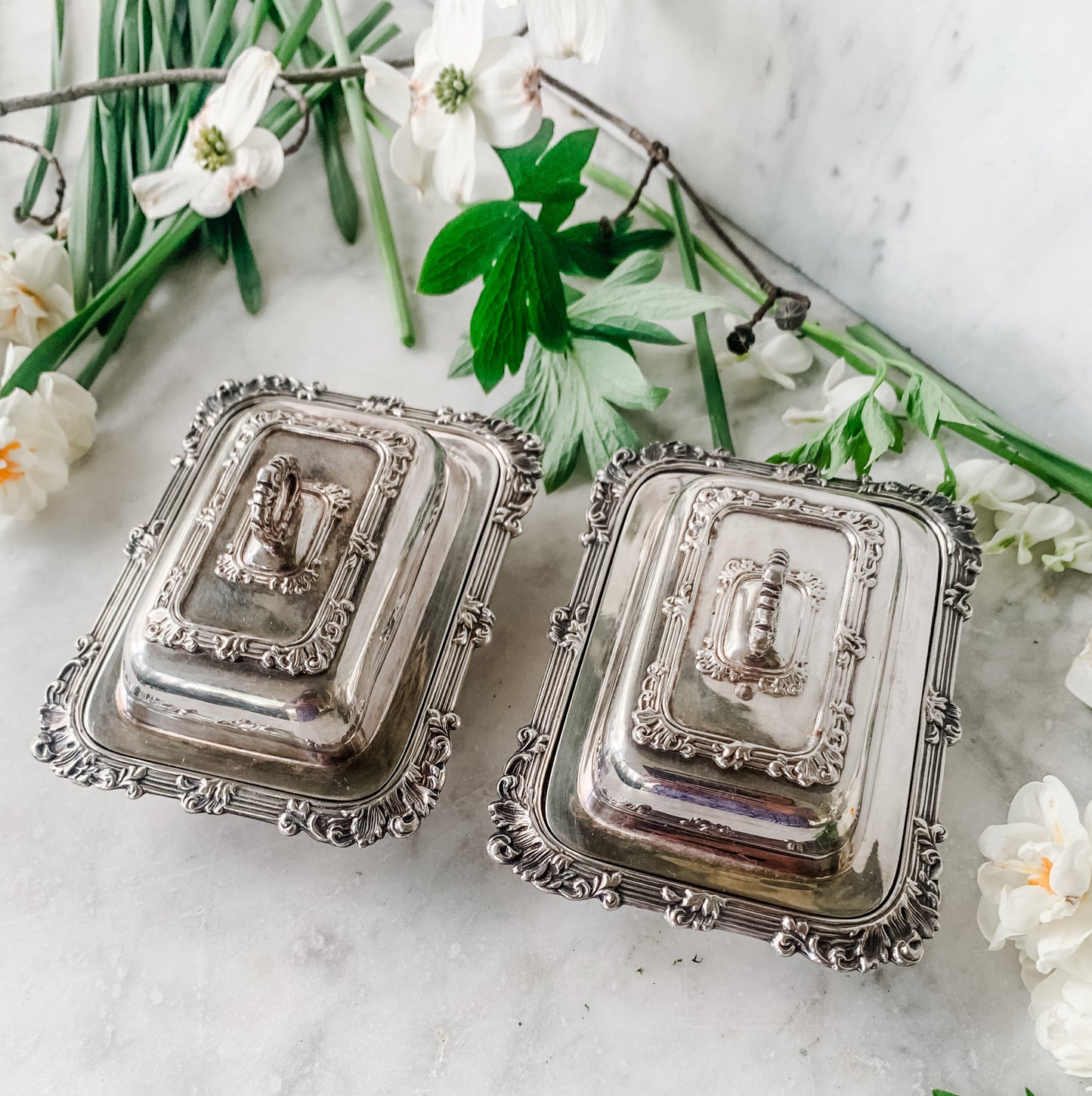 Pair of Antique Individual Butter Dishes with Lids