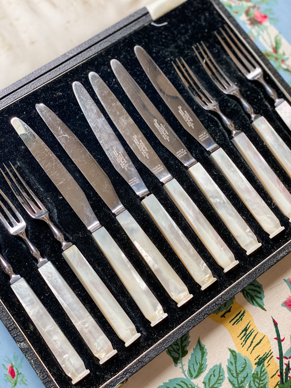 Vintage Thomas W. Cork & Son Sheffield Fruit Set in Case — Service for Six, Mother-of-Pearl Handles
