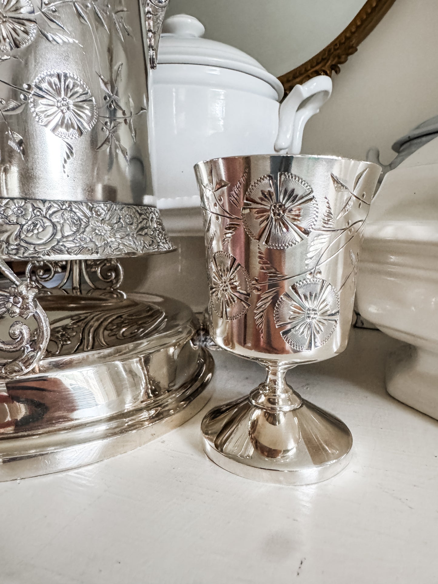Rare Monumental Victorian C.B. Barker Quadruple Plate Water Set with Original Stand & Goblet
