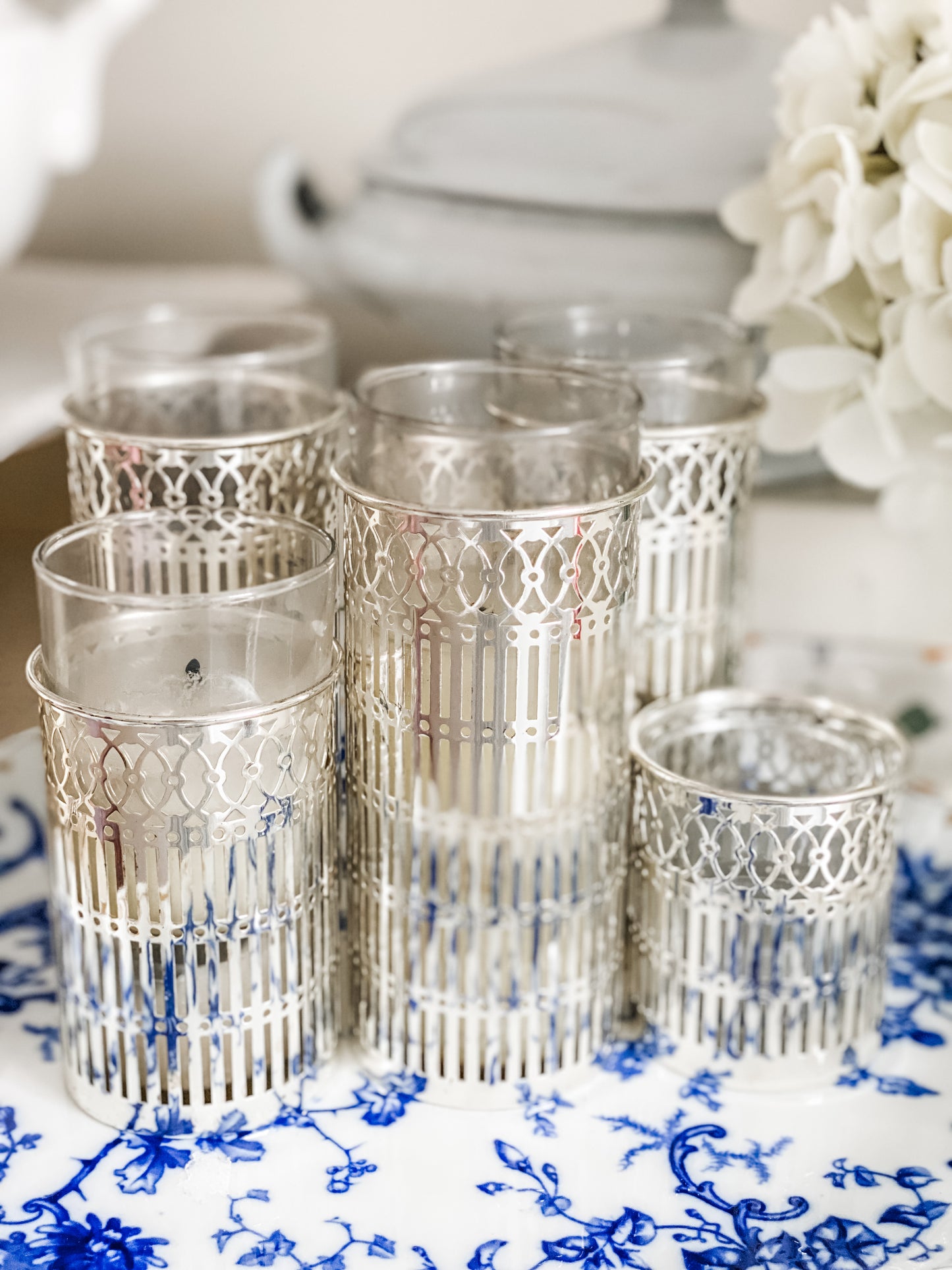 Set of 5 Vintage Reticulated Candleholders with Glass Inserts