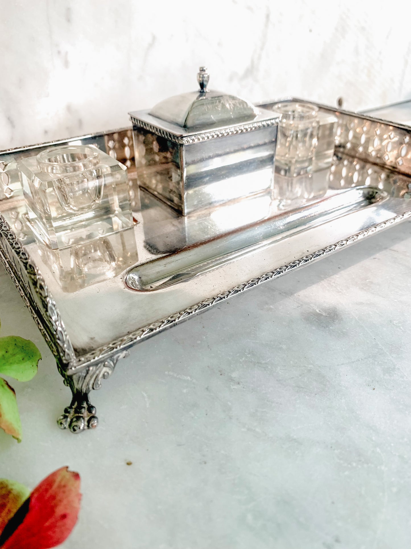 Antique Silver on Copper Desk Inkstand with Double Glass Inkwells & Paw Feet