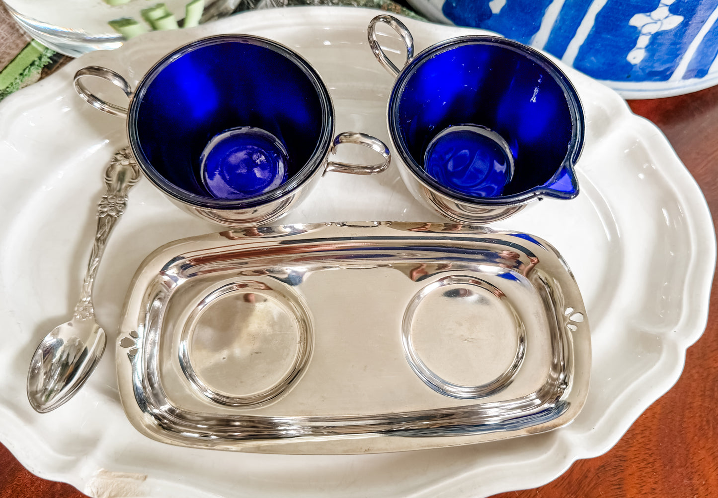 Charming Sugar and Creamer on Tray with Cobalt Liners