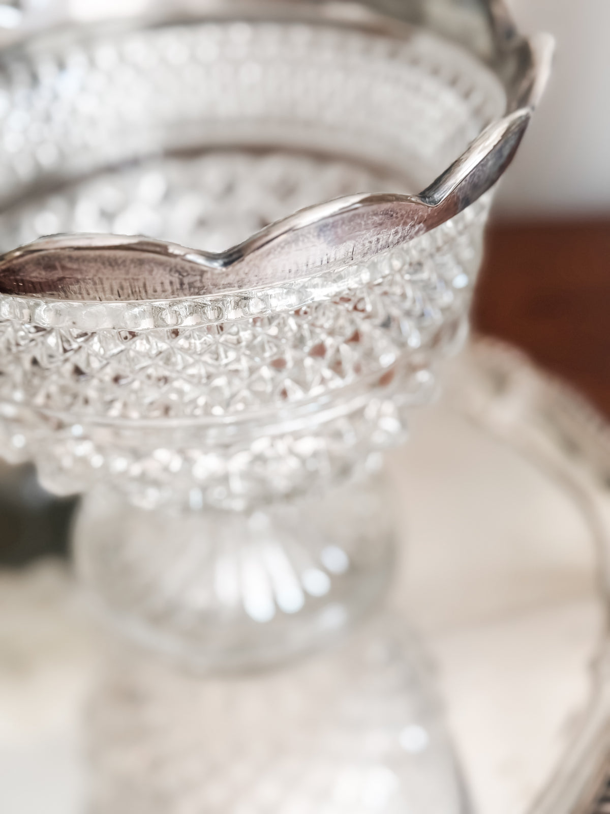 Cut Glass Pedestal Vase with Scalloped Silver Rim