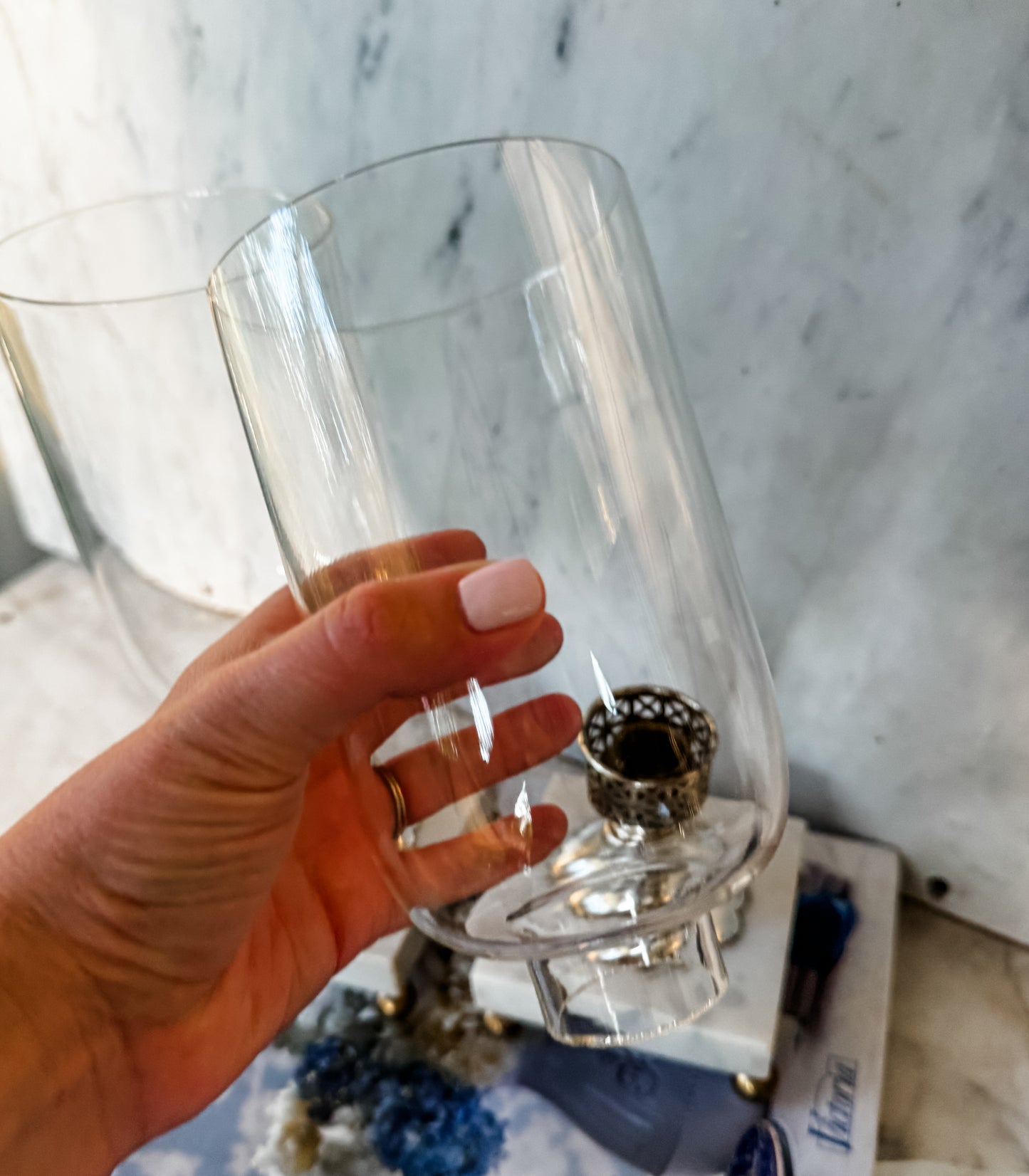 Pair of Marble Hurricane Candle Holders with Glass Shades