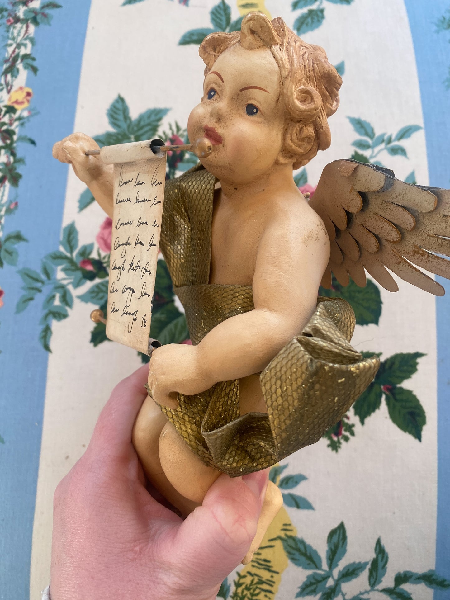 Hand-Painted Putto with Scroll and Metal Wings