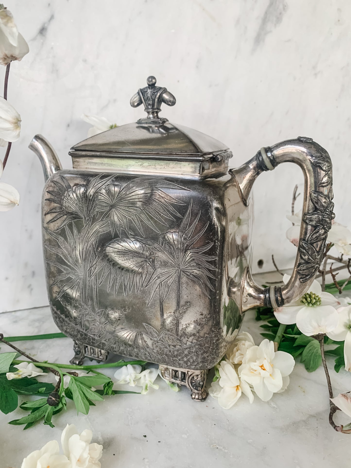 Antique Marigold Silver Quadruple Plate Teapot, Aesthetic Movement Design