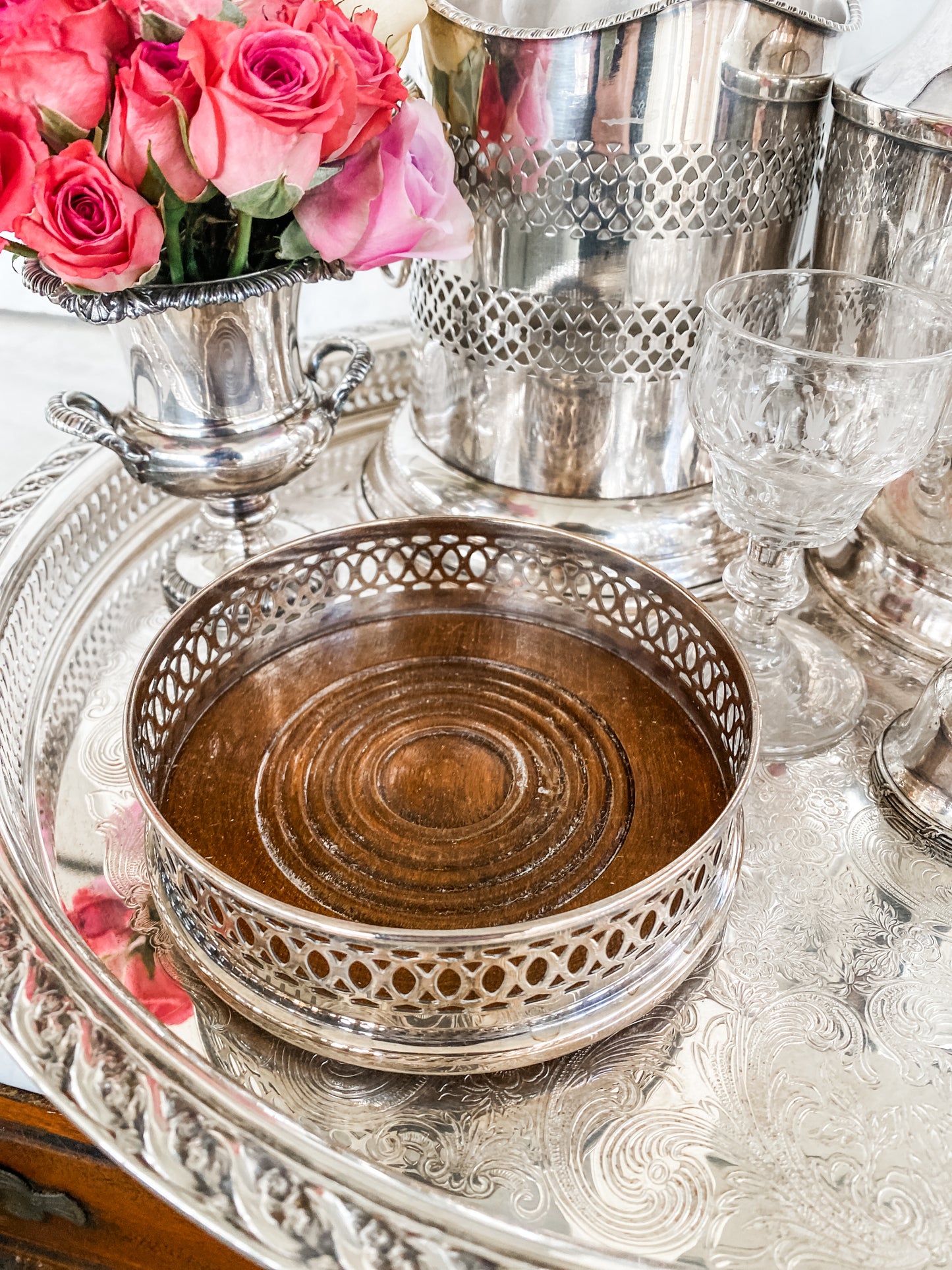 Antique Silverplate Bottle Coaster with Reticulated Gallery and Wooden Insert