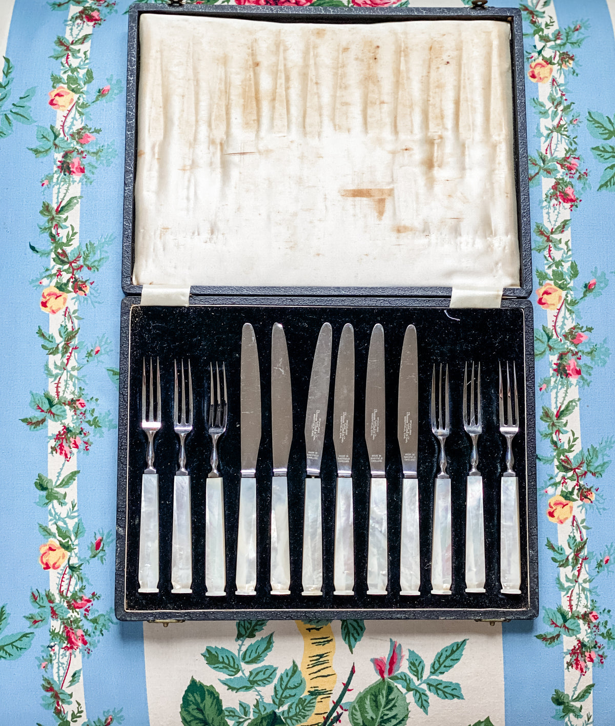 Vintage Thomas W. Cork & Son Sheffield Fruit Set in Case — Service for Six, Mother-of-Pearl Handles