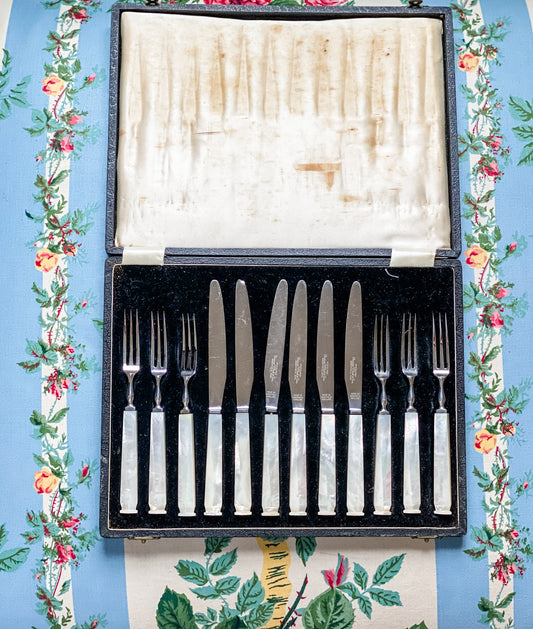 Vintage Thomas W. Cork & Son Sheffield Fruit Set in Case — Service for Six, Mother-of-Pearl Handles