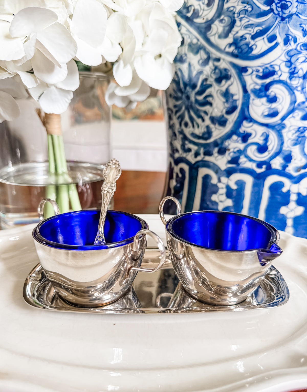 Charming Sugar and Creamer on Tray with Cobalt Liners