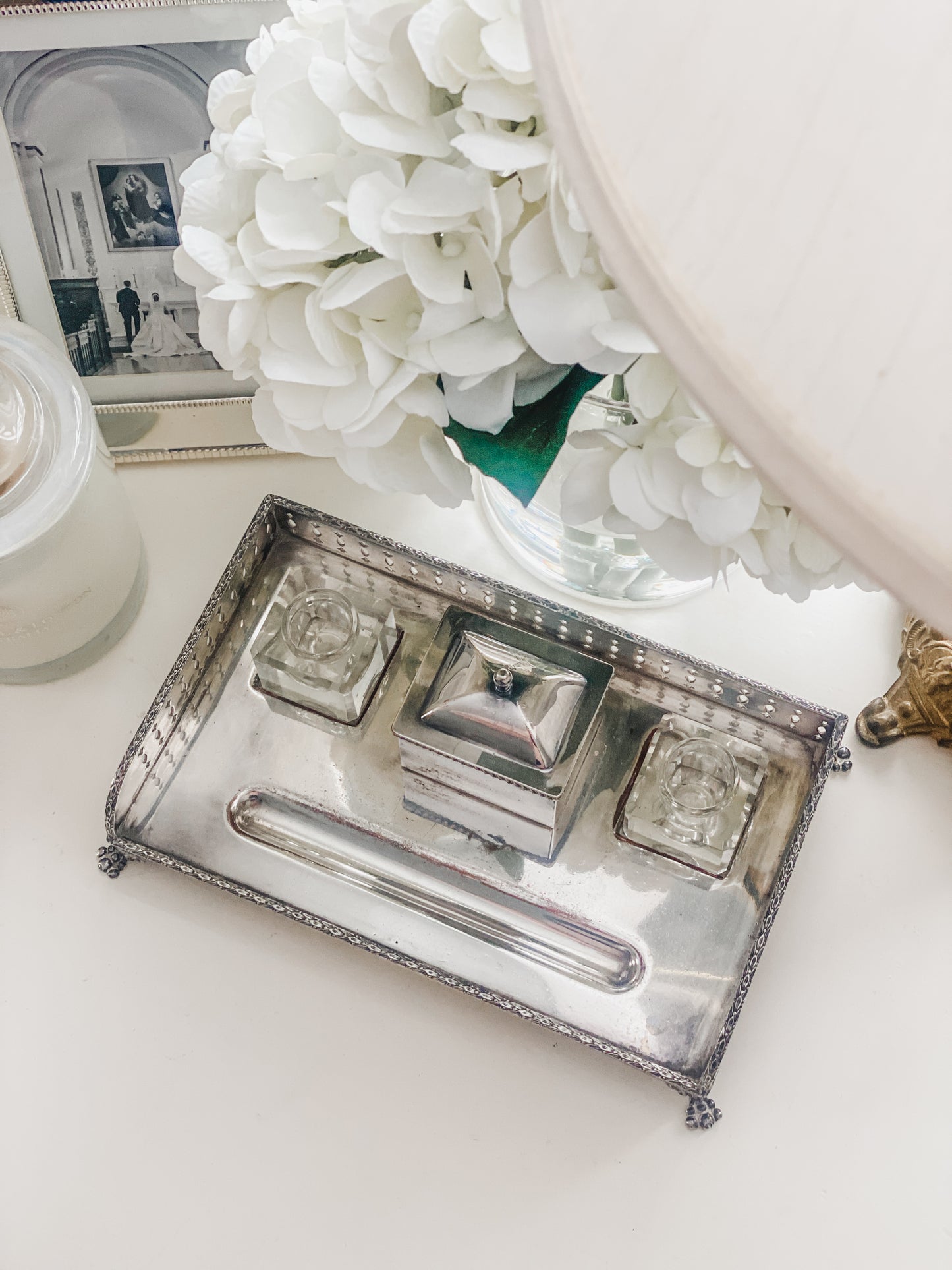 Antique Silver on Copper Desk Inkstand with Double Glass Inkwells & Paw Feet