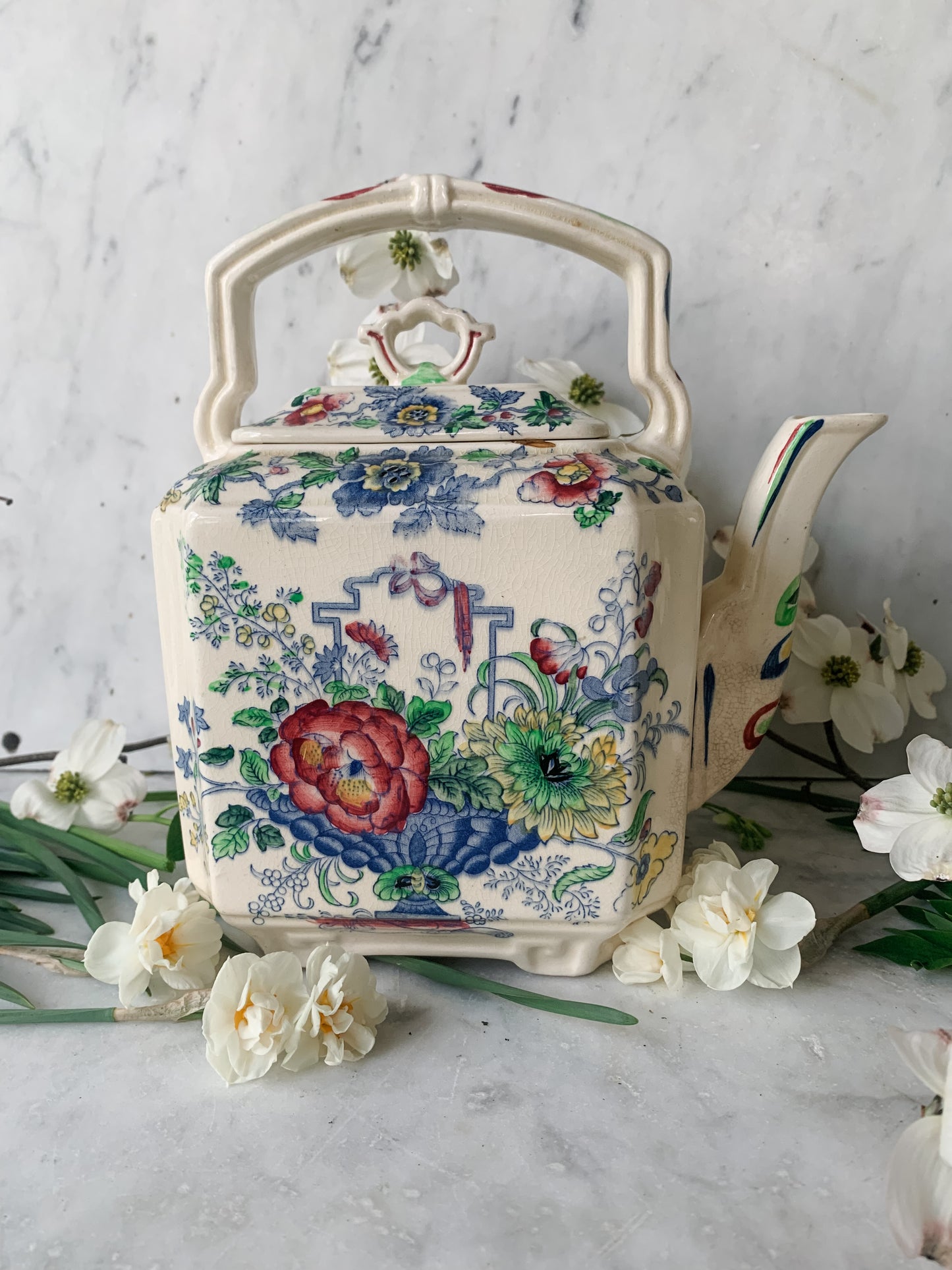 Antique Mason’s Ironstone Teapot, Hand-Painted Floral, England