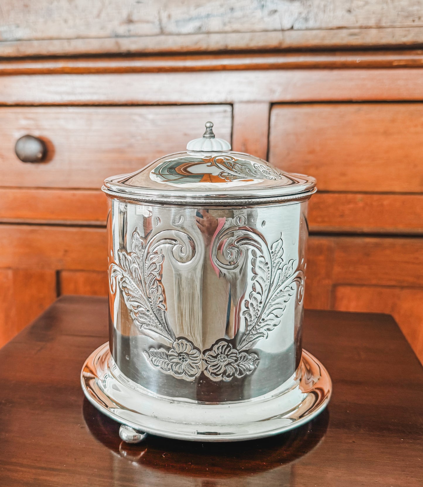 English Hand Chased Biscuit Barrel
