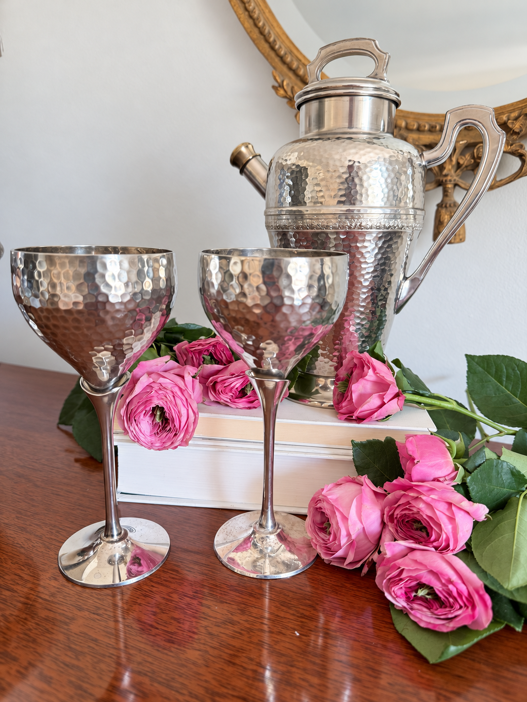 Large Hammered Cocktail Shaker & Two Goblets