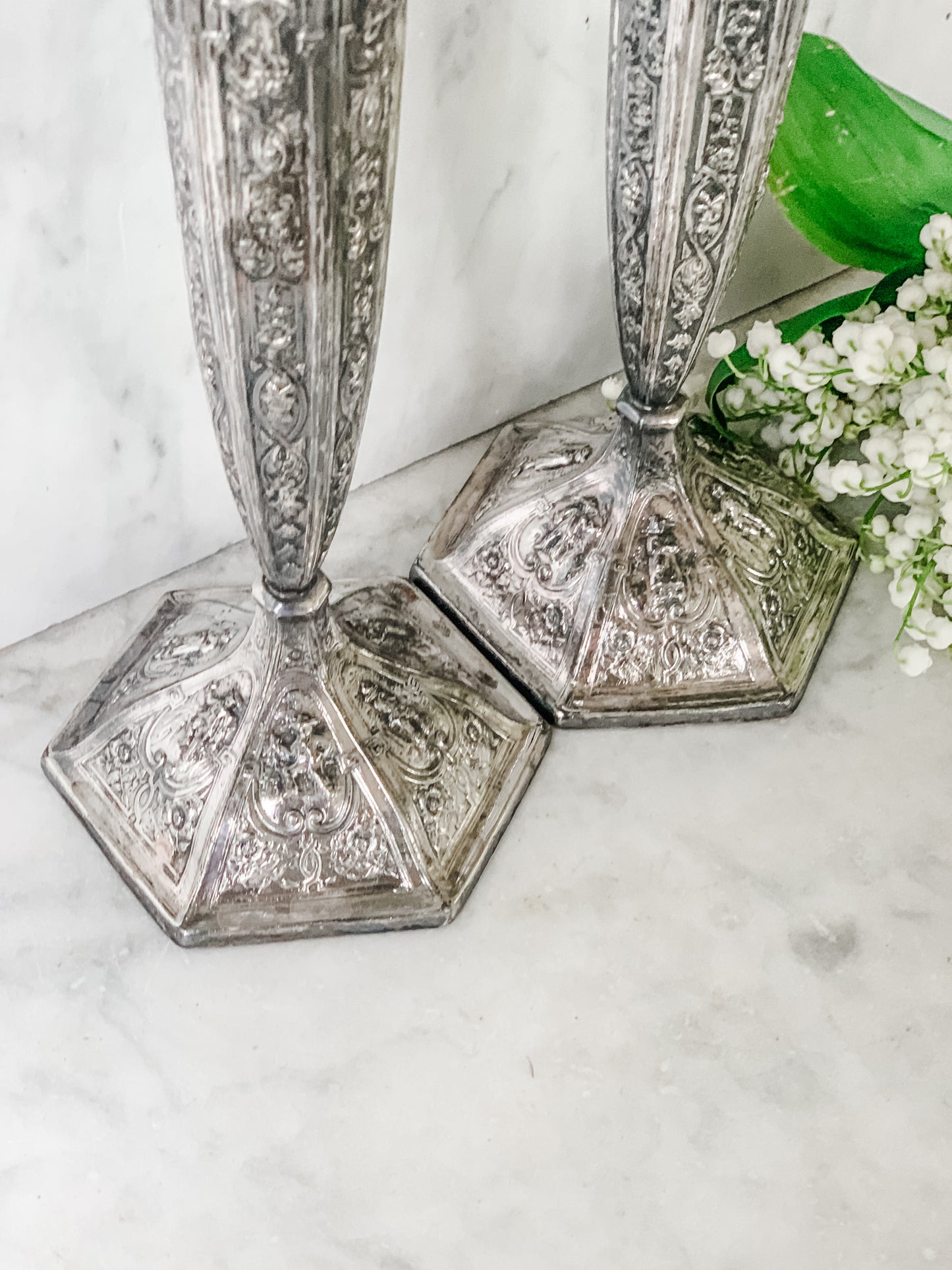 Pair of Antique Friedman Silver Co. Silverplate Candlesticks – Figural Classical Revival Design