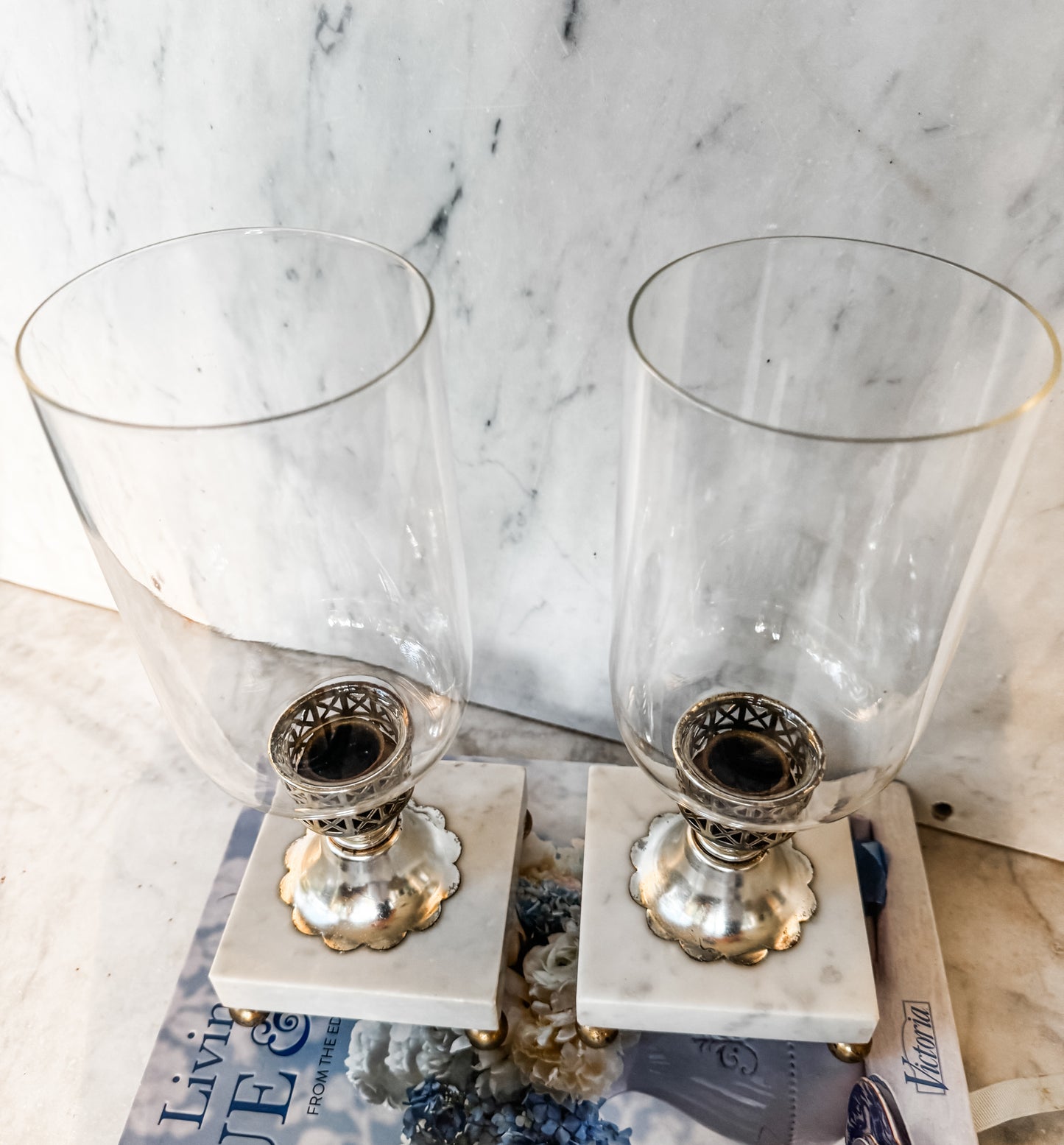 Pair of Marble Hurricane Candle Holders with Glass Shades