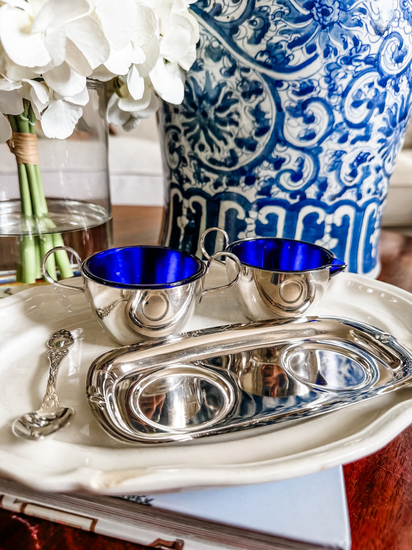 Charming Sugar and Creamer on Tray with Cobalt Liners