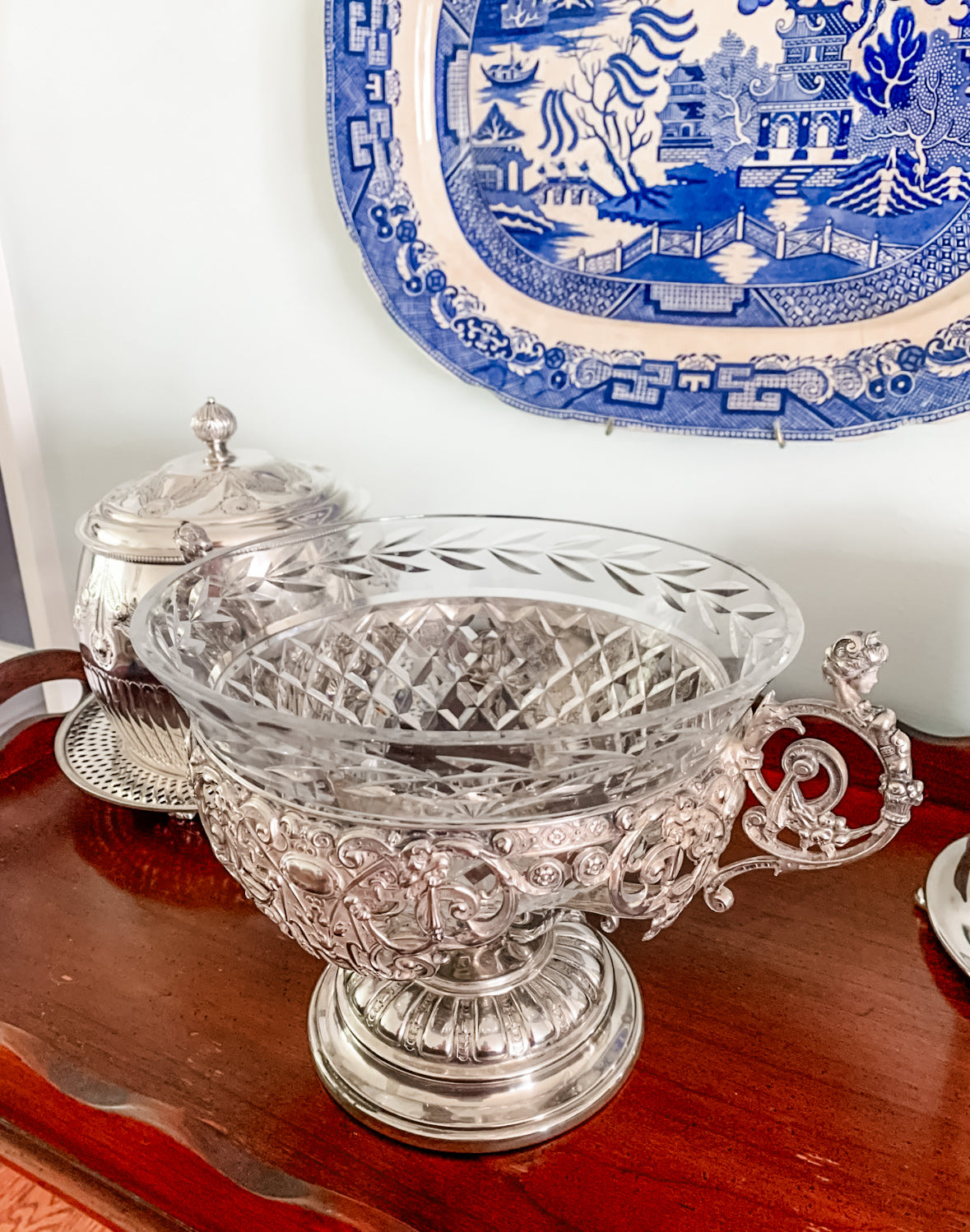 Antique WMF German Silverplate & Cut Crystal Centerpiece Bowl