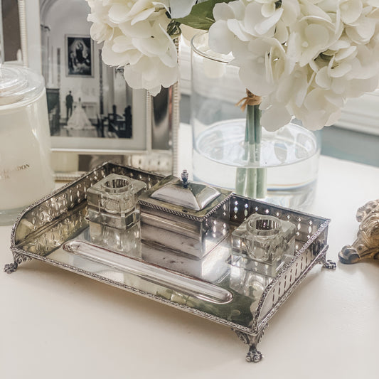 Antique Silver on Copper Desk Inkstand with Double Glass Inkwells & Paw Feet