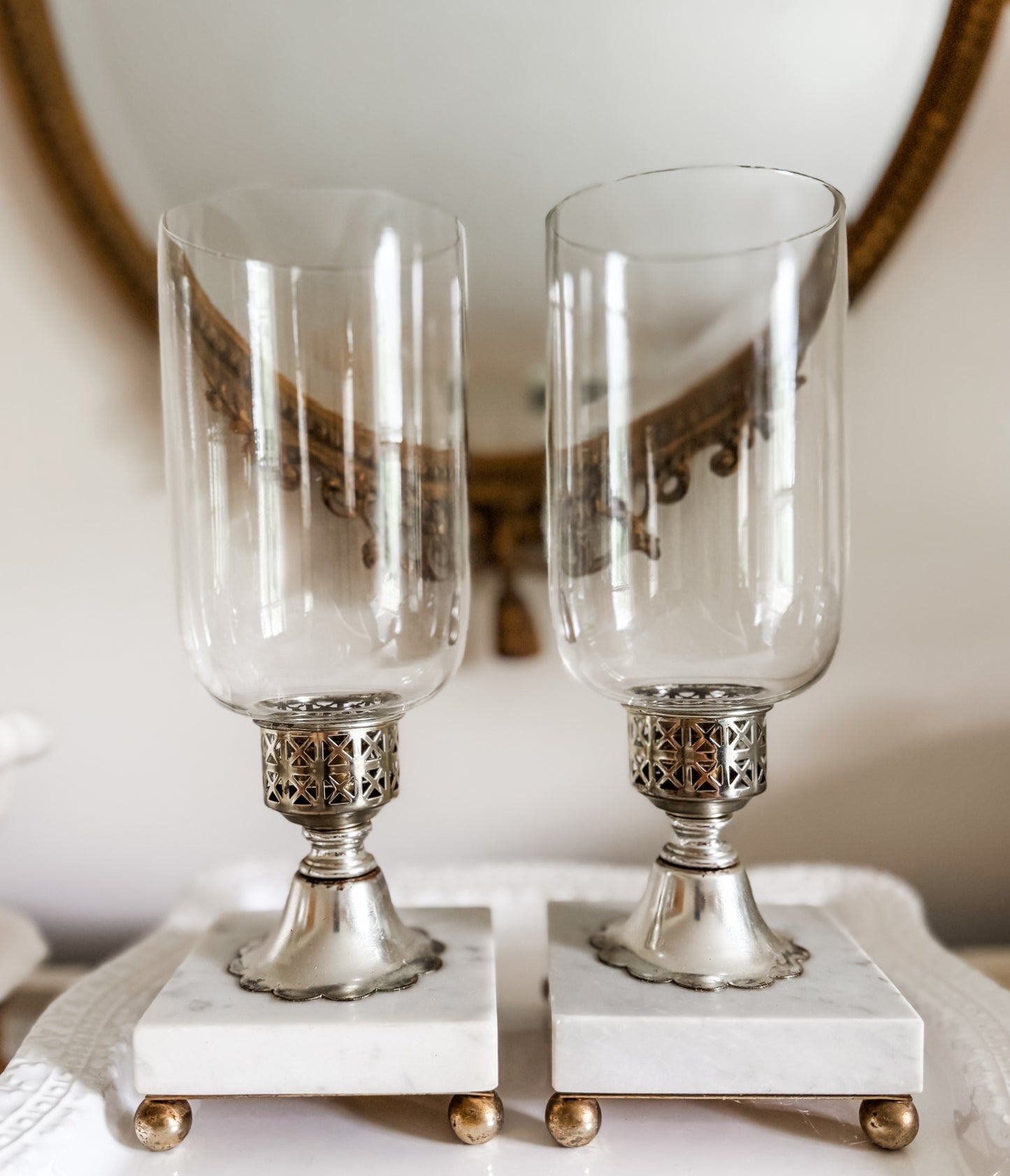Pair of Marble Hurricane Candle Holders with Glass Shades