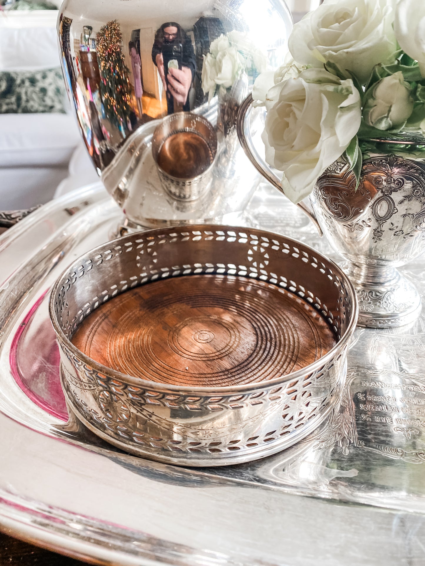 Kirk-Stieff Silverplate Bottle Coaster with Punched Rim and Wooden Insert