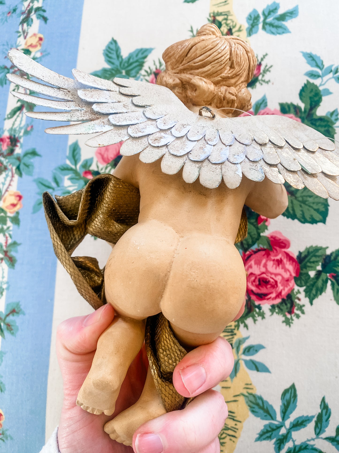 Hand-Painted Putto with Scroll and Metal Wings