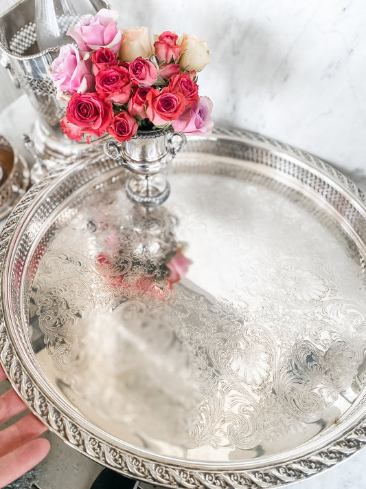 Vintage Round Silverplate Gallery Tray