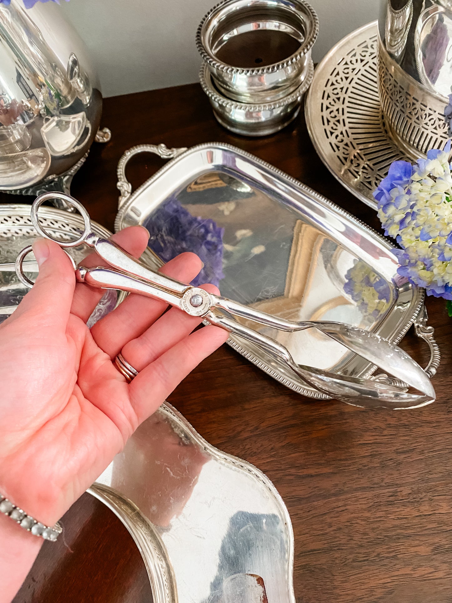 Antique Silver Tray and Serving Tongs