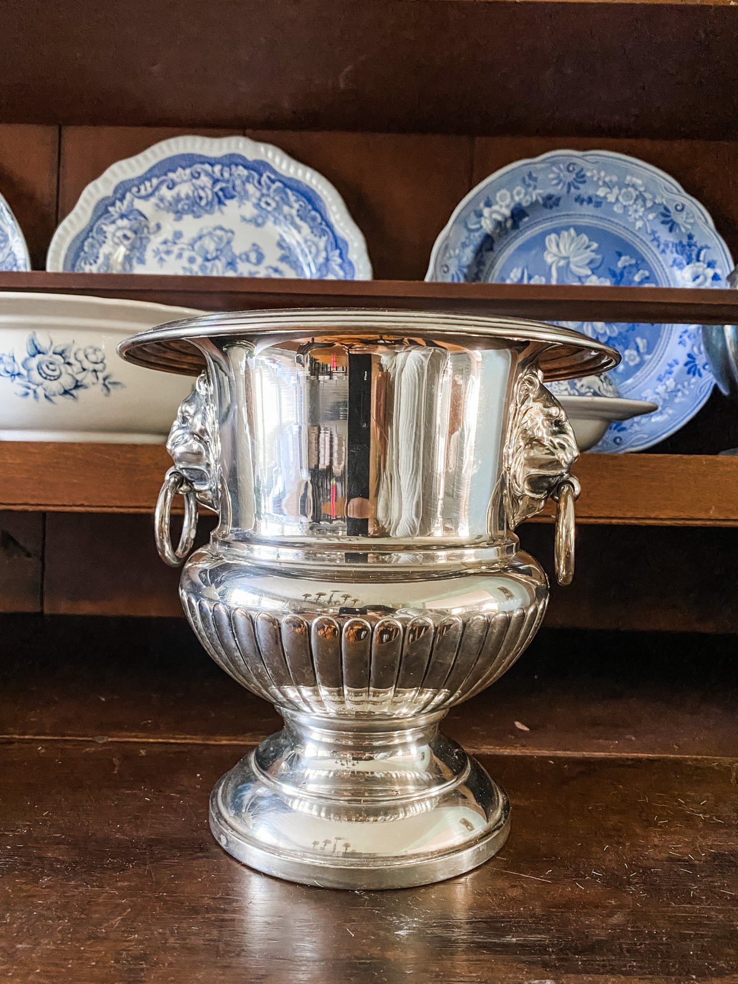 Petite Silver Champagne Bucket with Lion Head Handles.
