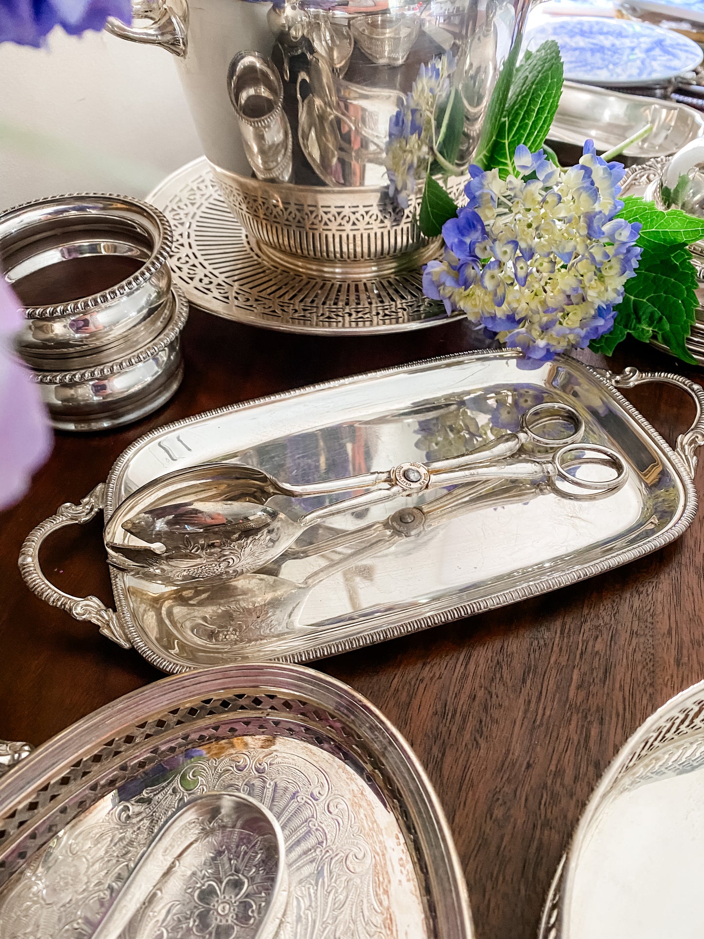 Antique Silver Tray and Serving Tongs