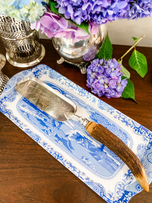 Fabulous!! English Staghorn Fish Server Etched with Butterflies from 1800's