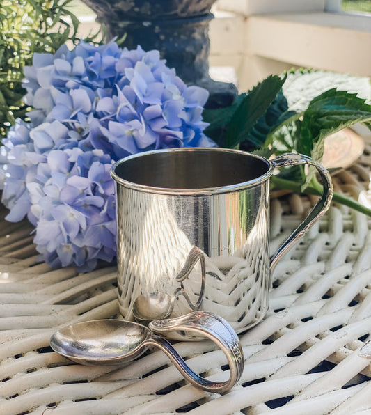 Antique Silver Plated Baby Cup and Spoon