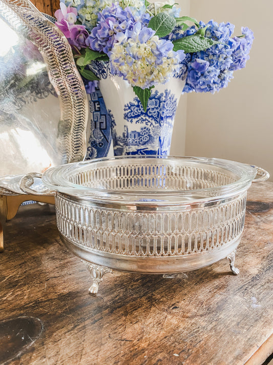 Glass Baking Dish  in a Reticulated Silver Holder