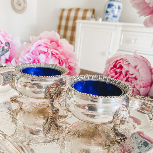 Set of 2 English Antique Salts with Blue Cobalt Liners