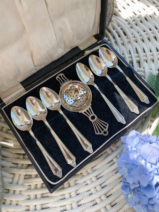 Boxed set Antique Tea spoons and Beautiful Tea Strainer