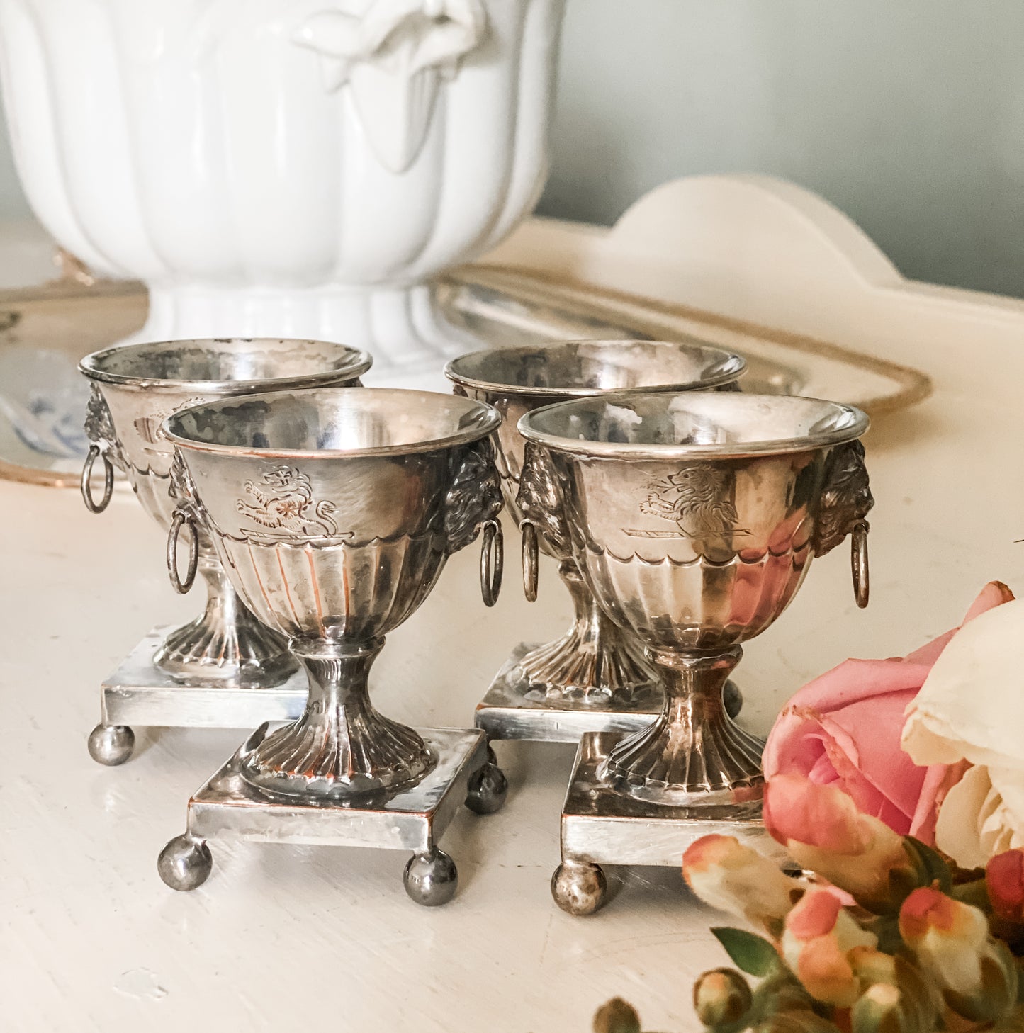 Set of 4 Antique Lion's Head Salt Cellars from the 1800's