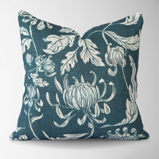 Navy Peony Block Print Floral Pillow Cover - NEW!
