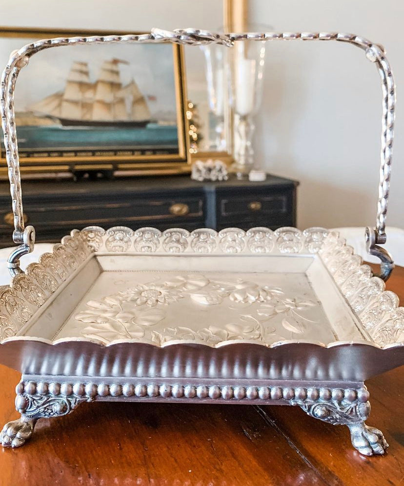 Antique Square Silver Repousse Basket