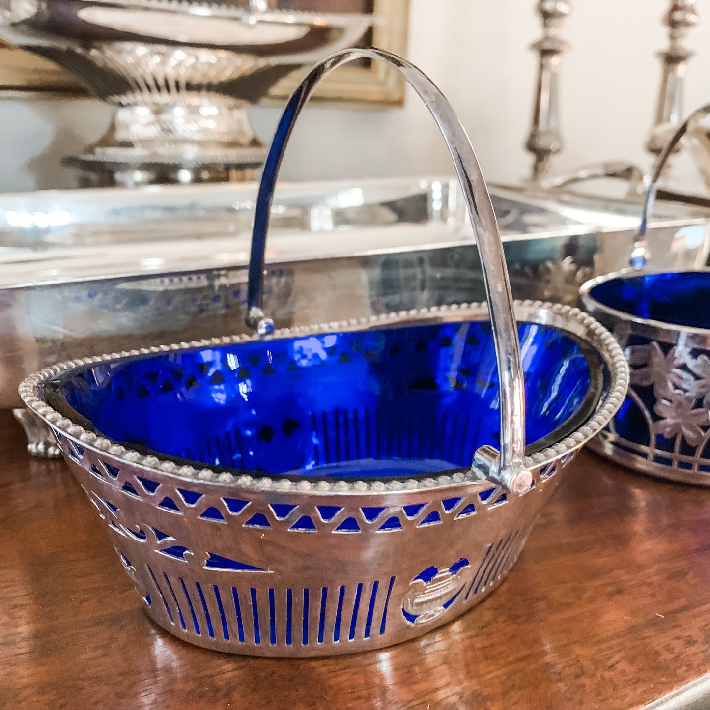 Antique Cobalt Blue Glass and Silver Basket