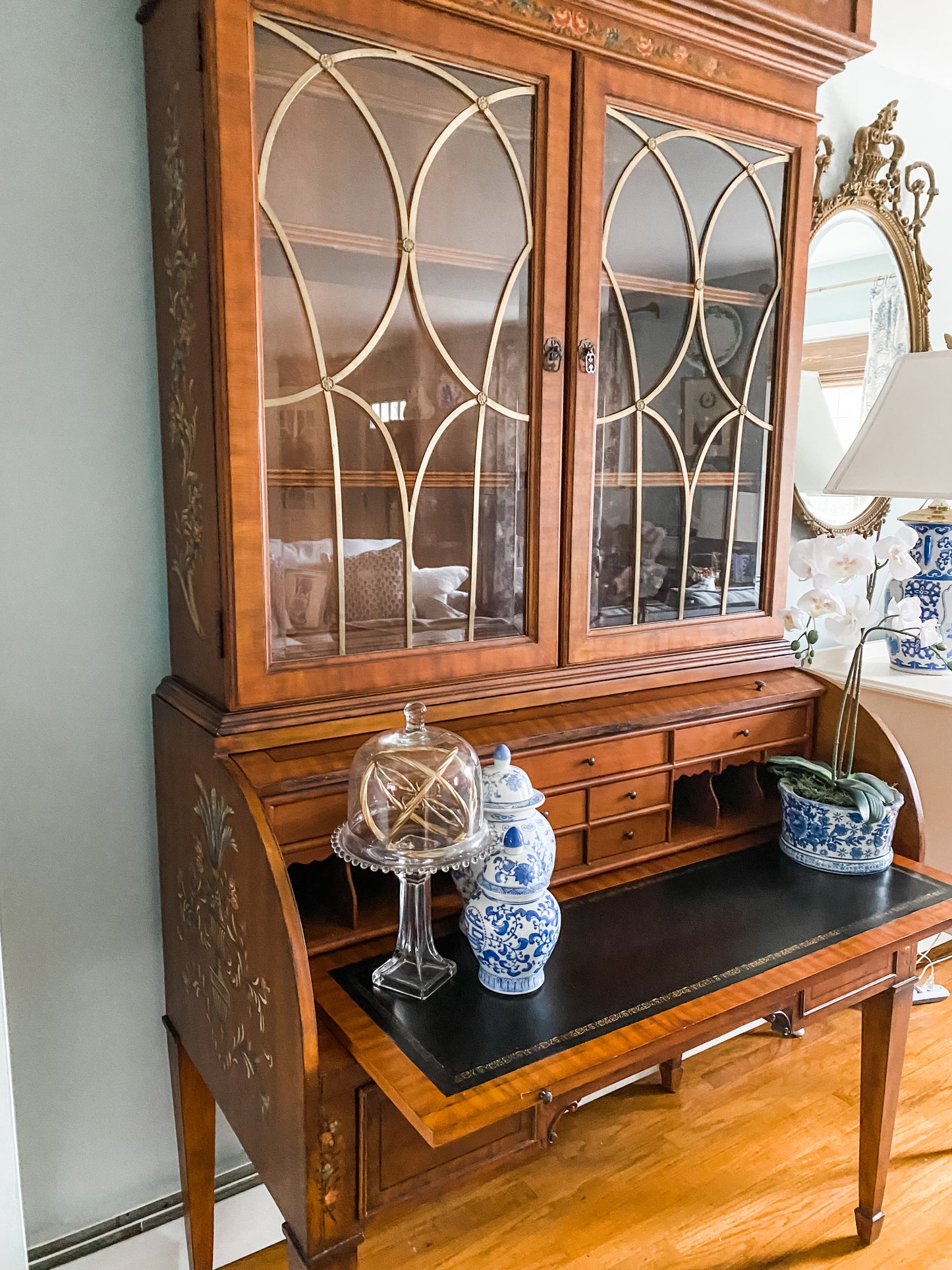 Gorgeous Hand Painted Adams Style Roll Top Secretary